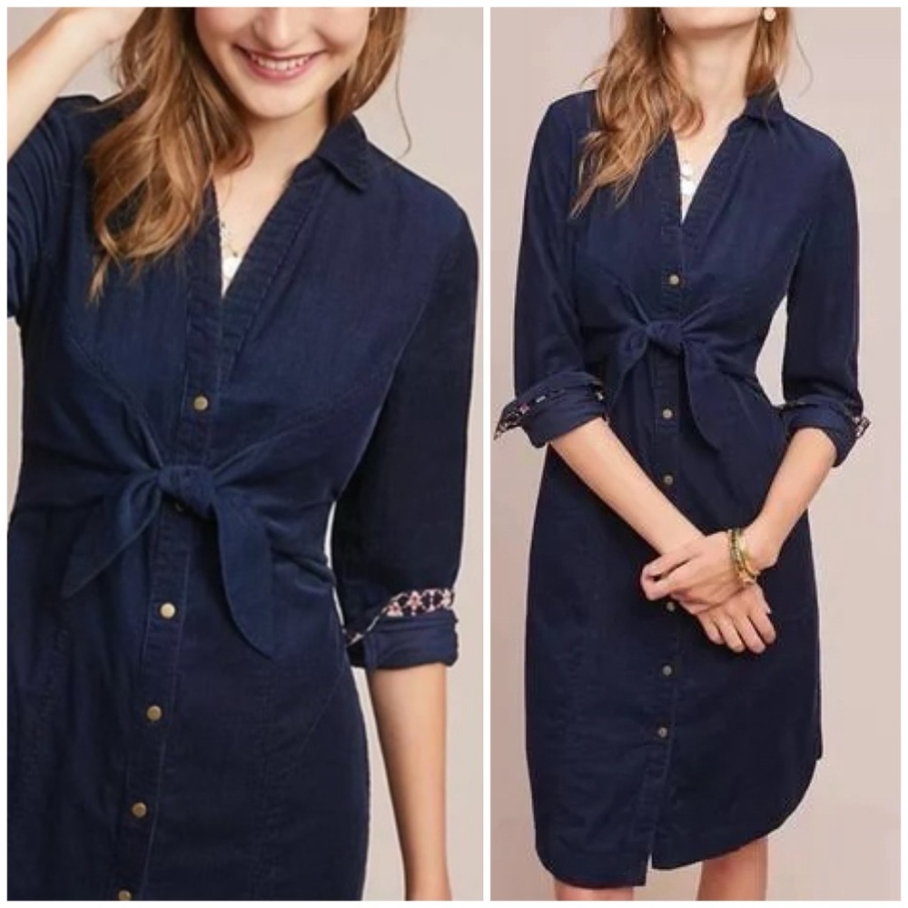 Anthropologie Size 14 Maeve Tie-Front Navy Blue Winchester Corduroy Shirt Dress